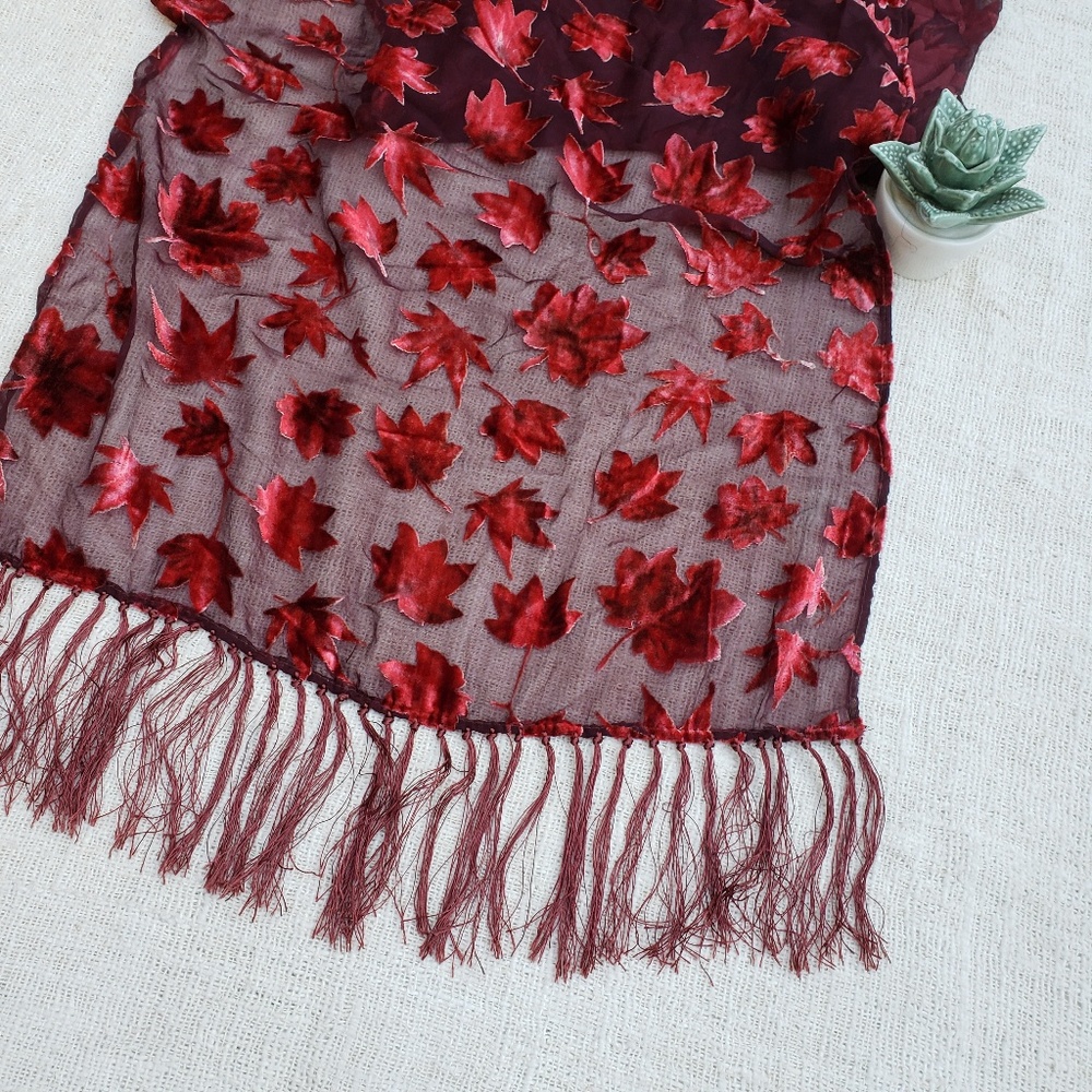 Vintage Burnout Velvet Fringe Tassel Leaf Scarf - Picture 3 of 5